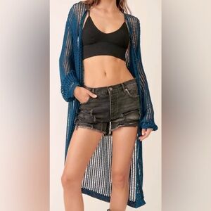 Free People Lattice Open Front Crochet Duster Cardigan Teal Blue Size M NWT‎